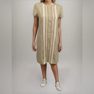 Brooks Brothers Dress 6 Beige Linen Cotton Short Sleeve Shift Crochet Wt Pockets